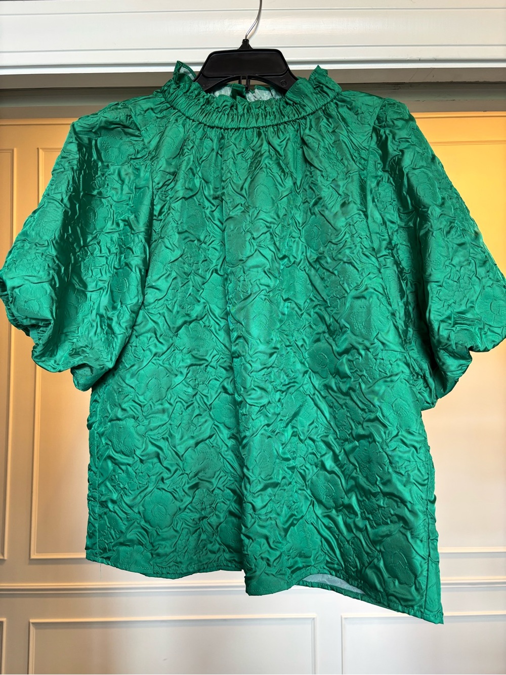 THML Green Textured Puff-Sleeve Blouse with Ruffled Neck L